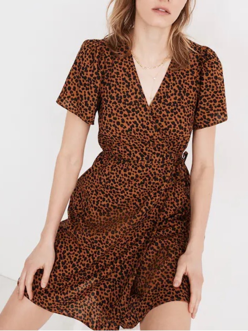 Madewell Flutter Sleeve Wrap Boho Preppy Leopard Print Casual Mini Dress Size M